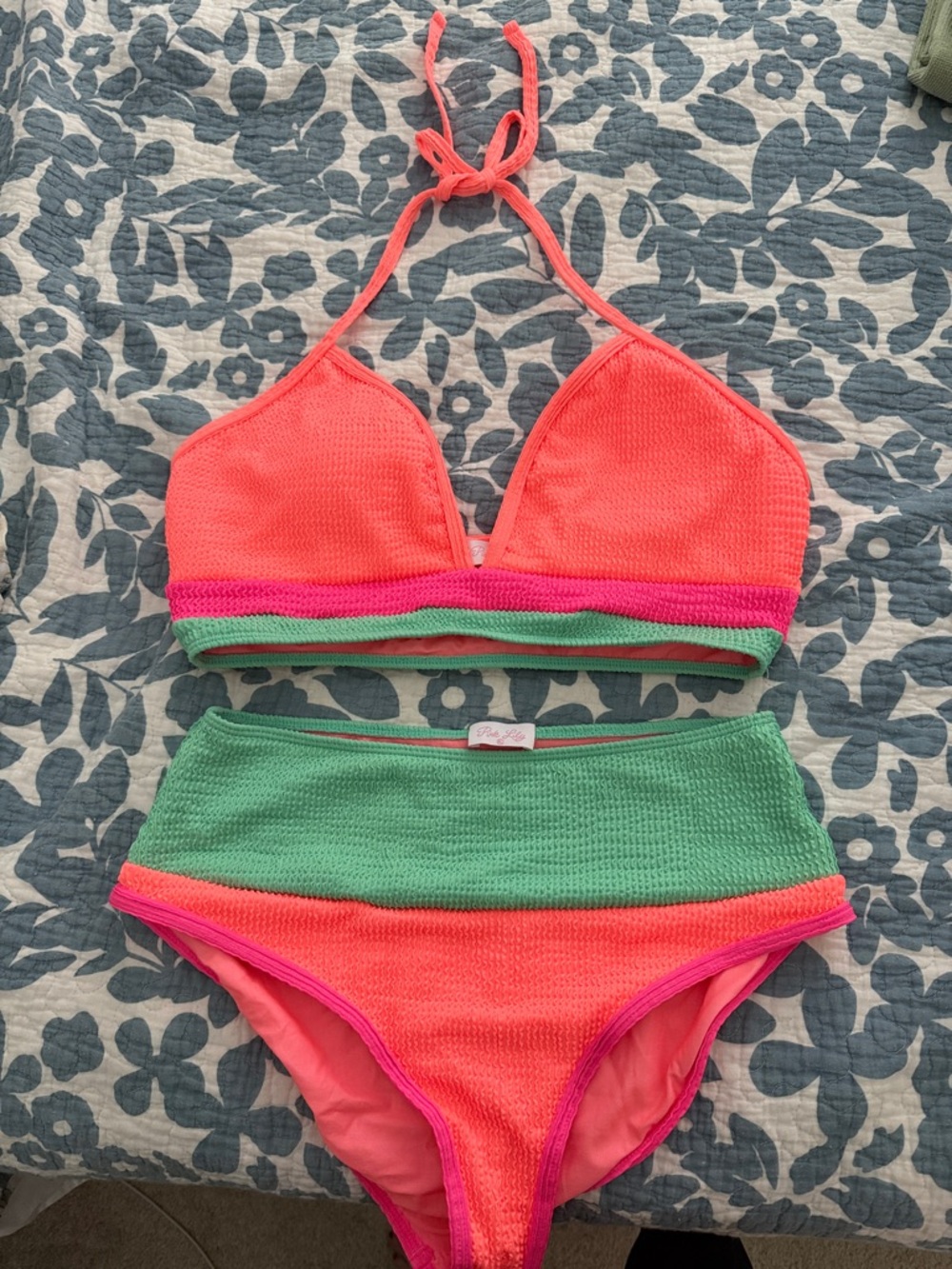 Pink Lily Neon Coral, Hot Pink & Mint Two-Piece High-Waist Bikini NWOT